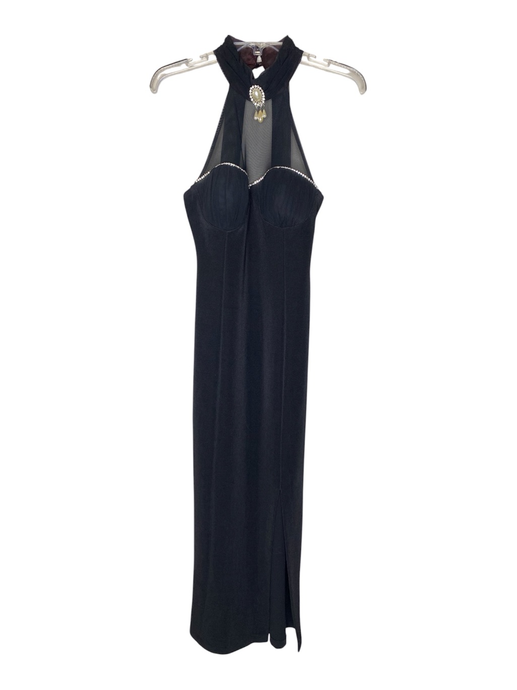 Vintage 1990s Black Halter Evening Gown Rhinestone Trim And Brooch - Size S
